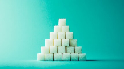 White sugar cubes are forming a pyramid on a turquoise background, representing the concept of sugar consumption, addiction, and the need for sugar reduction or a sugar free lifestyle