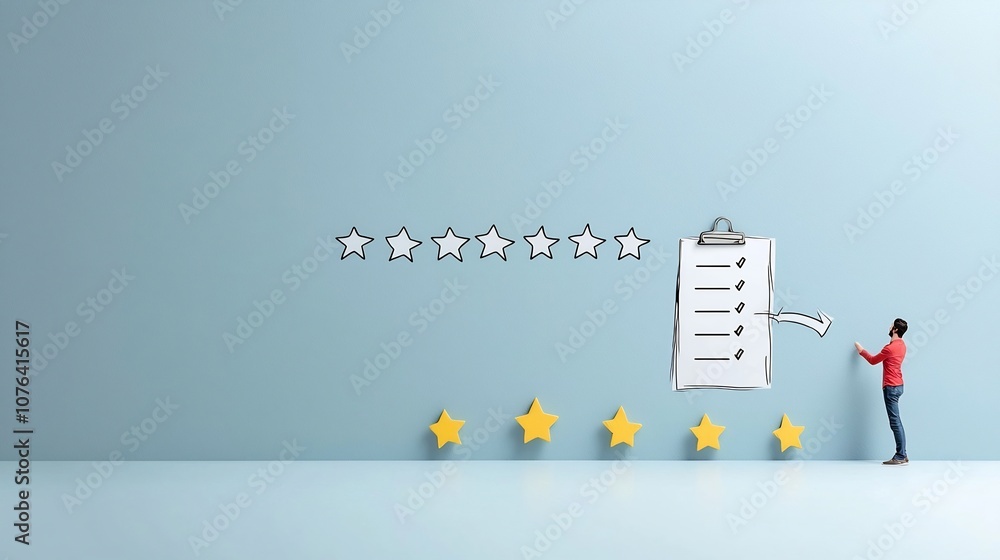 Leinwandbilder of a man methodically checking off items on a clipboard surrounded by stars representing successful task management and efficient workflow in a light blue color scheme