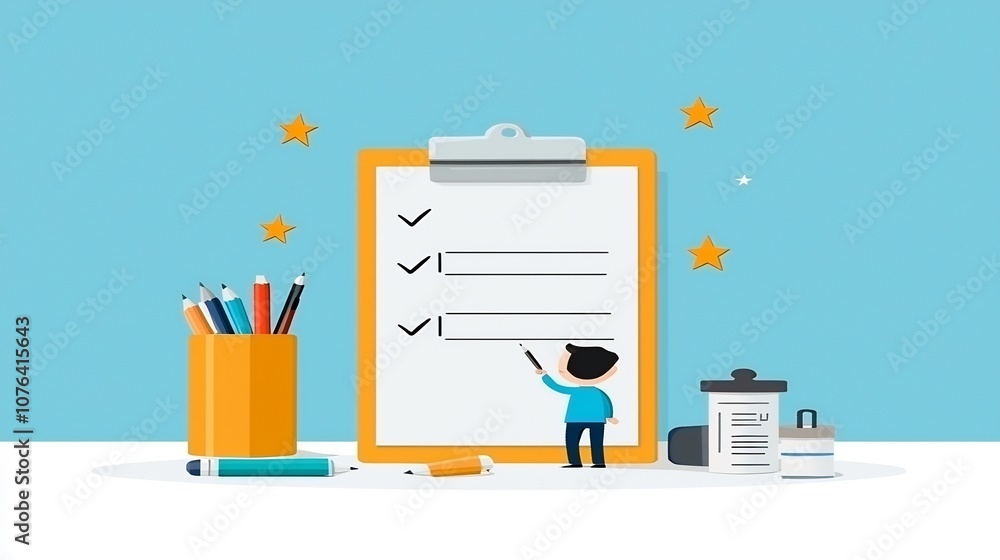 Leinwandbilder of a character in a blue shirt meticulously completing a checklist on a large clipboard with small s
