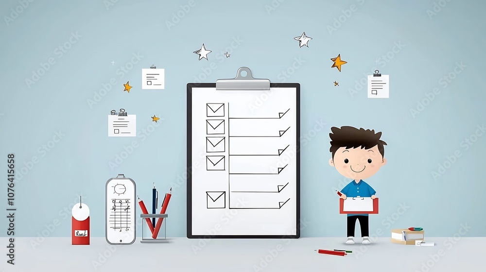 Aufkleber of a character in a blue shirt completing a detailed checklist on a large clipboard with small stars