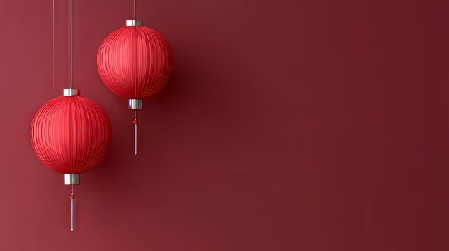 Two red Chinese lanterns hanging against a red background with copy space.
