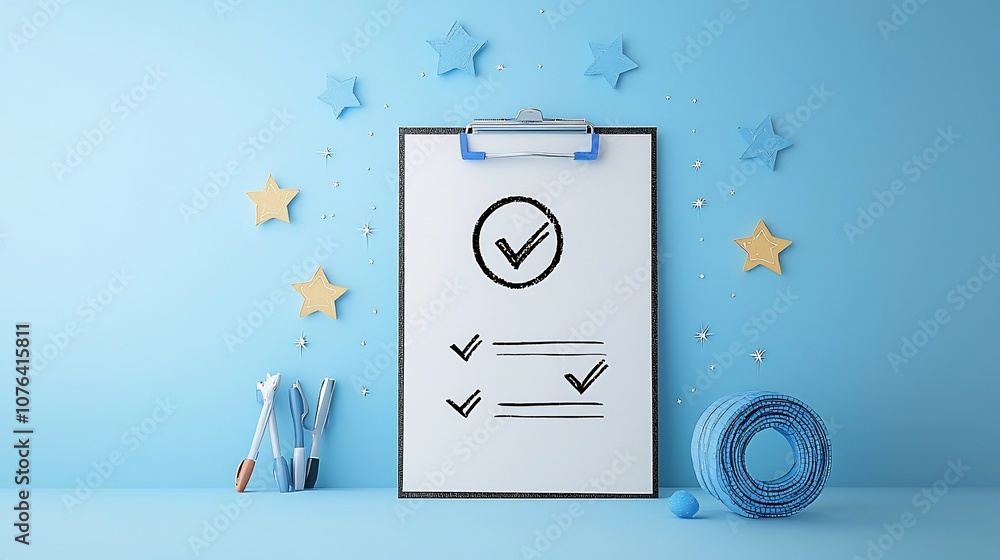 Leinwandbilder flat of a businessman efficiently completing a business checklist on a large clipboard with stars an