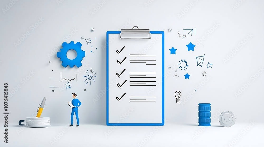 Aufkleber flat of a business checklist with a man in blue checking off tasks on a large clipboard with stars a