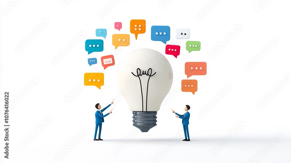 Aufkleber colorful of a lightbulb made up of speech bubbles with two business team members in blue suits point