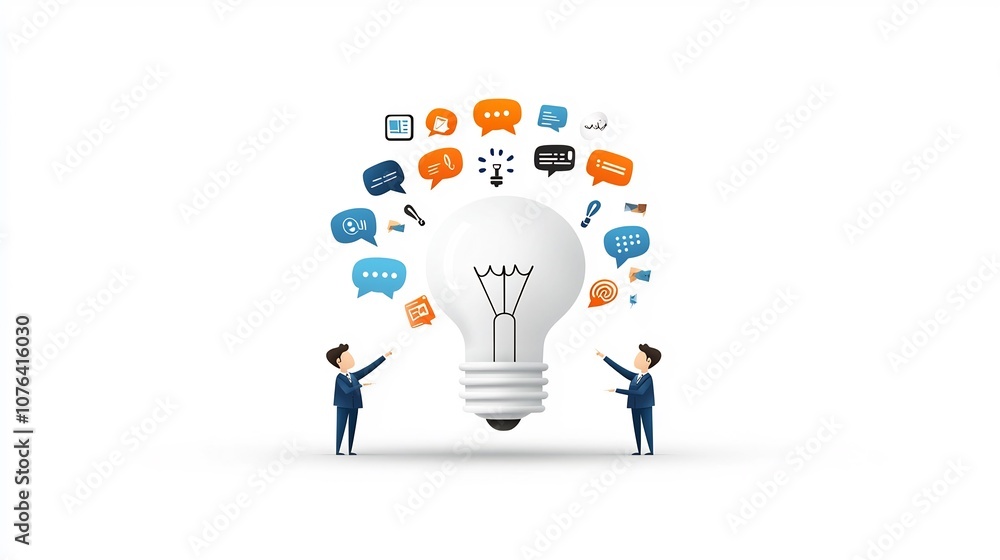 Aufkleber cartoon of a large lightbulb made up of colorful speech bubbles with two team members in blue suits 