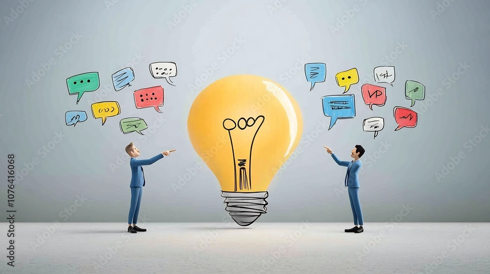 Poster cartoon of a large lightbulb made up of colorful speech bubbles with two team members in blue suits 