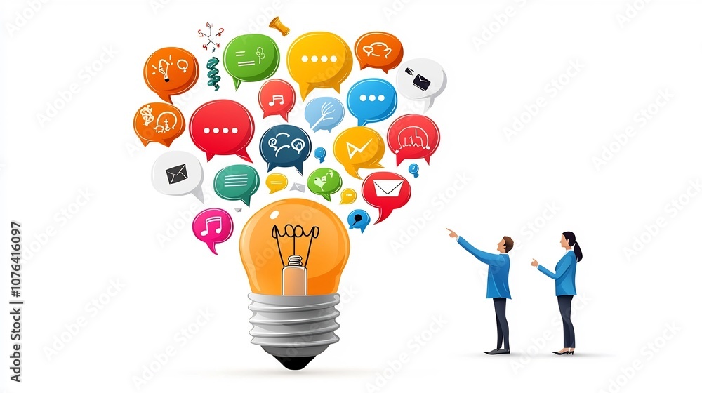 Poster flat close up of a lightbulb constructed from various colored speech bubbles with a man and woman in