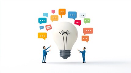 Colorful of a Lightbulb Made Up of Speech Bubbles with Two Business Team Members in Blue Suits Pointing at It Symbolizing Teamwork and Idea Sharing