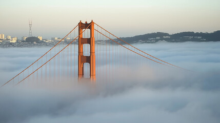 Obraz premium close-up photograph of a large suspension bridge partially obscured by fog.