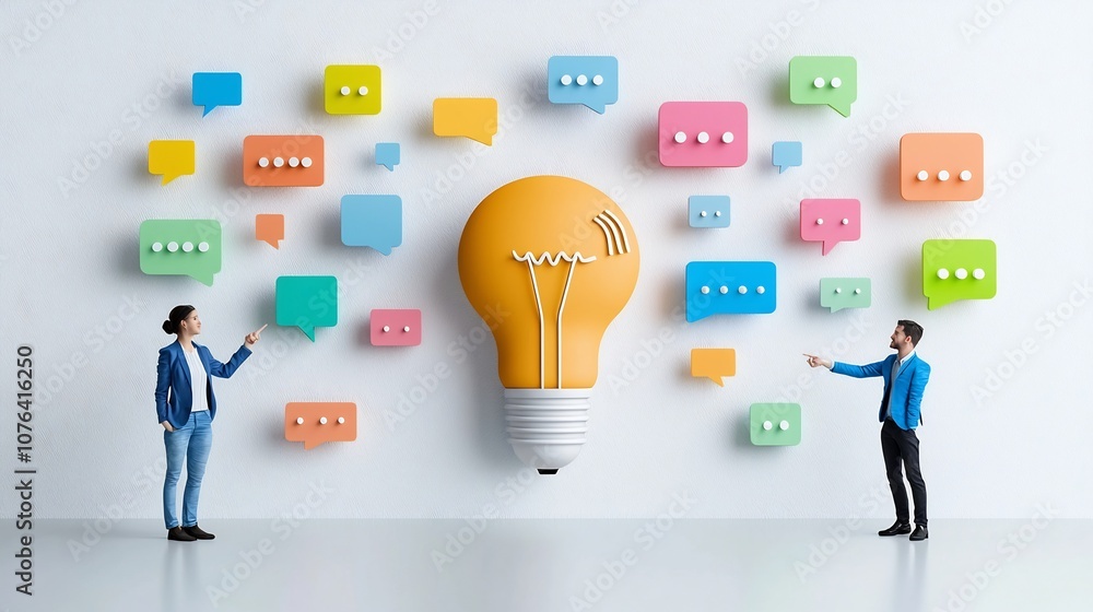 Poster flat close up of a lightbulb constructed from various colored speech bubbles with a man and woman in