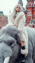 slim beautiful girl with white hair in long white fluffy fur coat, rides huge gray mammoth on Red Square in Moscow