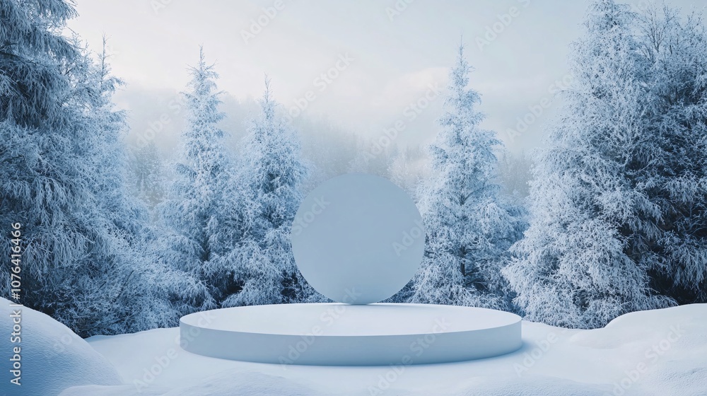 Poster empty podium displaying products surrounded by snowy pine trees in winter wonderland