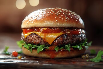 A close-up of a juicy burger with cheese, lettuce, and sauce on a wooden board