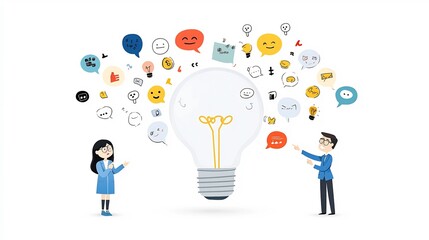 Teamwork and Creative Communication Symbolized by Colorful Lightbulb Filled with Chat Bubbles in a Flat Showcasing Collaborative Ideas and Solutions in a Business or Office Setting
