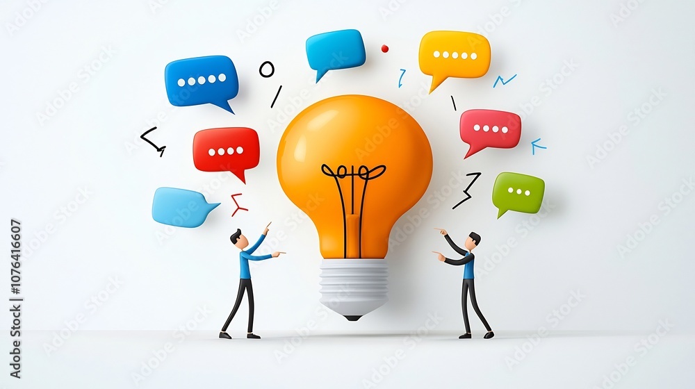Aufkleber Cartoon of a large lightbulb formed by colorful speech bubbles with two team members collaborating and pointing symbolizing idea development innovation and successful teamwork