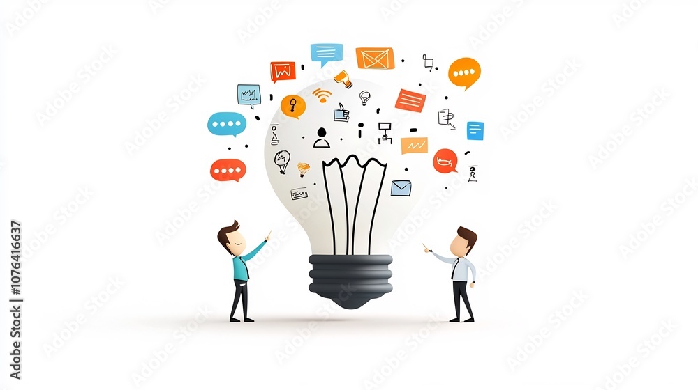 Poster Cartoon close up of a large lightbulb formed by colorful speech bubbles with two team members collaborating and pointing symbolizing idea development and teamwork in a business or creative setting