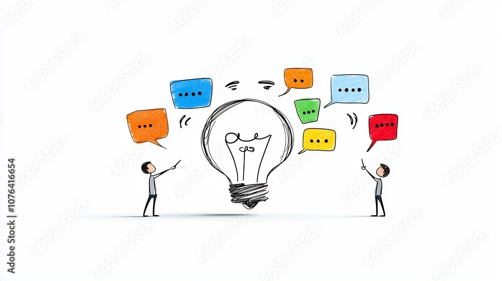 Poster Cartoon close up of a large lightbulb formed by colorful speech bubbles with two team members collaborating and pointing symbolizing idea development and creative teamwork in the office or workplace