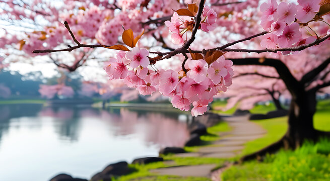 Sakura is blooming in Japan. The blooming Japanese sakura trees offer a wonderful view of the river in the city park.