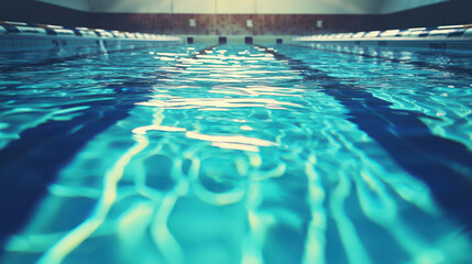 Pristine Indoor Swimming Pool with Sparkling Clear Blue Water Reflecting Soft Light and Lanes for Competitive Swimming