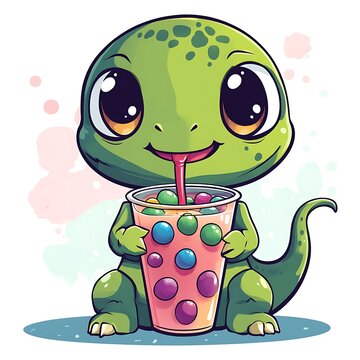 Cute cartoon lizard enjoys colorful drink in a fun and whimsical style