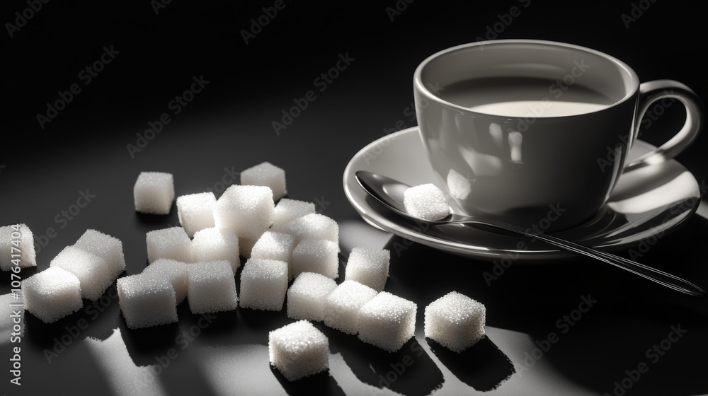 Poster white sugar cubes scattered on a dark surface with a cup of coffee and a spoon holding a sugar cube,