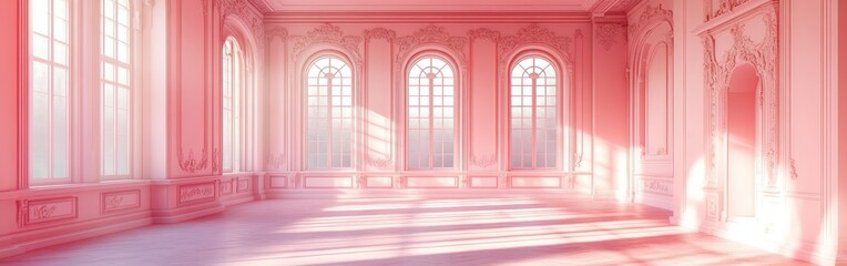 Luxurious elegant pink room with ornate windows and soft lighting