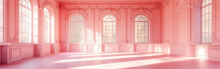 Luxurious elegant pink room with ornate windows and soft lighting