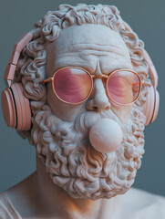 Ancient Greek sculpture of Socrates wearing pink sunglasses and headphones, blowing a bubble gum 