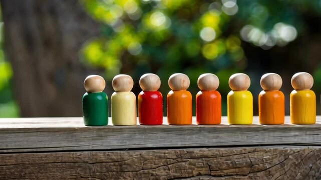 Video footage of Seven wooden figurines in vibrant colors stand in a row on a wooden surface with a blurred natural background