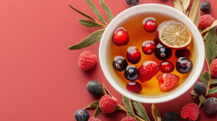 cup of tea with raspberries and cranberries