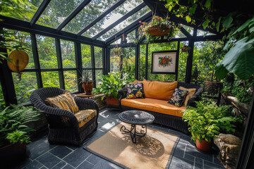 Fototapeta premium Cozy Outdoor Space with Vintage Greenhouse Featuring Black Framing for Rustic Vibe