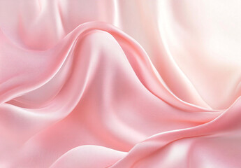Fototapeta premium Smooth flowing silk fabric in soft pink tones, gracefully draped and cascading, set against a neutral, blurred background. The gentle lighting enhances the silky texture, creating a serene,...