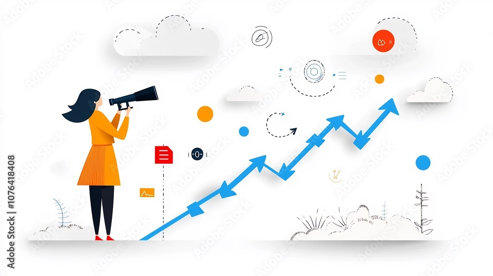 Poster flat depicting a woman holding a telescope while standing on an ascending path of blue arrows sugges