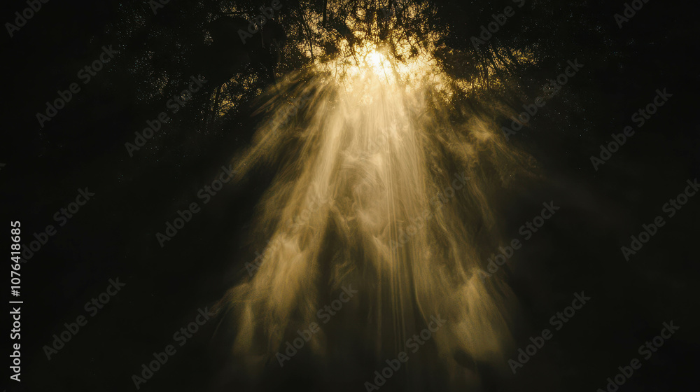 Poster ethereal light source emerging from dark surroundings in a mystical setting, illuminate the atmosphe