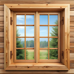 A wooden window design without glass, isolated on a white background.