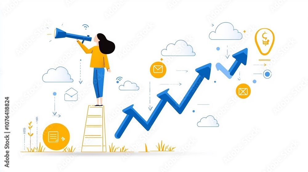 Poster in flat style depicting a woman standing on a ladder made of blue arrows looking forward with a tele