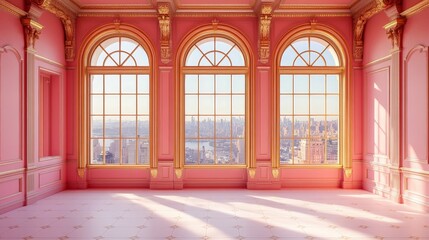 Fototapeta premium Elegant Pink Room with Sunlight Streaming Through Arched Windows