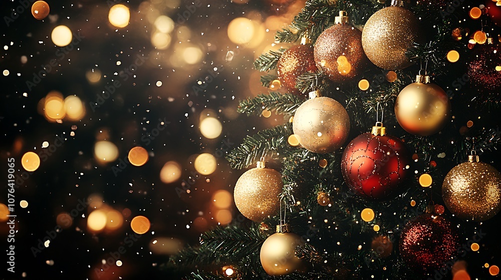 Poster glistening christmas tree with shimmering gold and red ornaments in snowy setting : generative ai