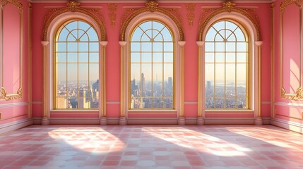 Fototapeta premium Elegant Pink Room with Sunlight Streaming Through Arched Windows