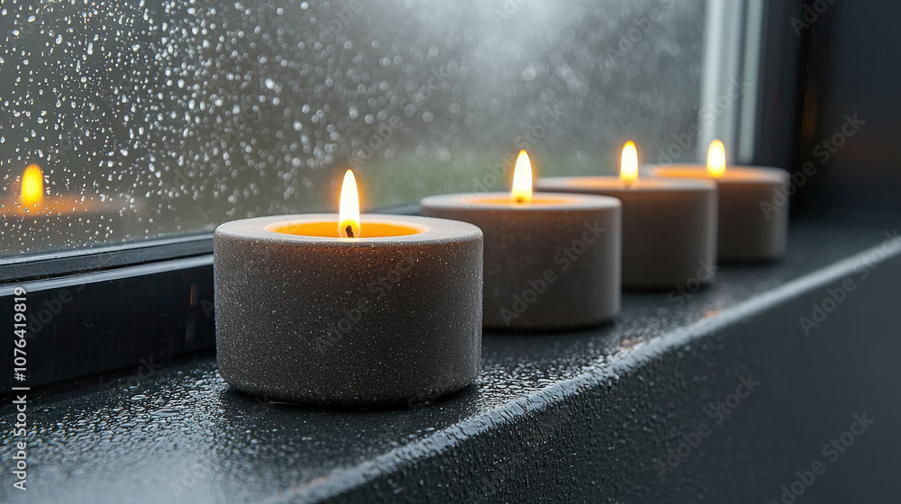 Poster a serene view of lit candles on a windowsill with raindrops, creating a tranquil atmosphere for rela