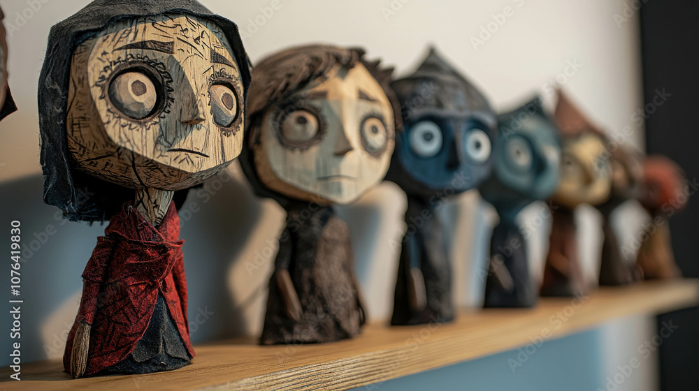 Poster a row of handcrafted wooden puppets with unique designs and expressions displayed on a shelf in a cr