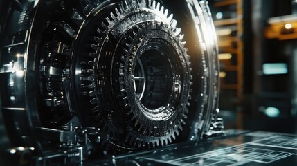 Fototapeta premium Close-Up of Large Industrial Gears and Machinery in Factory Setting