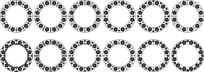 Set of Chinese new year various frames,  lanterns, flowers, bamboo,hearts, wavy ornament. Festive floral elements round composition. Hand drawn vector flat floral decorative elements