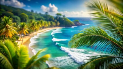 Captivating Summer Vacation Vibes with a Tilt-Shift Effect Featuring Blurred Ocean Waves and Lush Palm Leaves for a Dreamy Tropical Escape