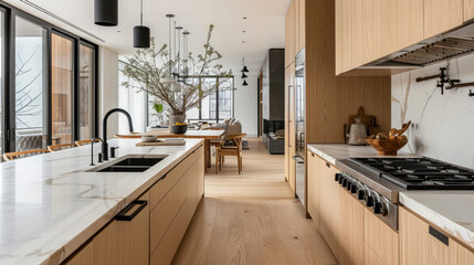 Modern Kitchen with Natural Wood and Marble Accents