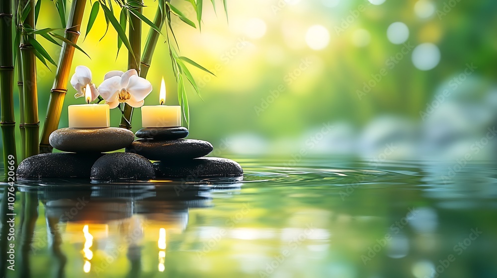 Poster Zen Spa Setting with Candles Orchids and Bamboo for Relaxation : Generative AI
