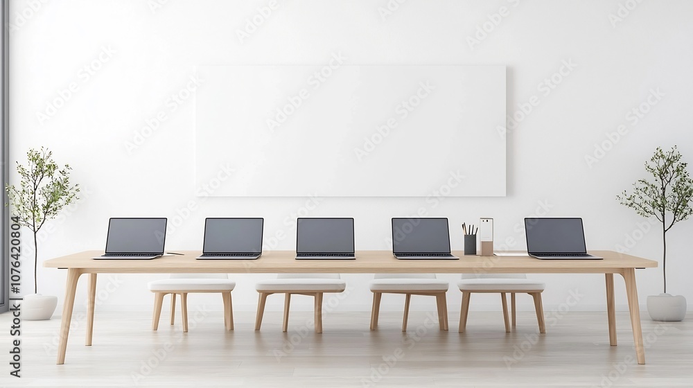 Aufkleber elegant and minimalistic contemporary office workspace with six laptops arranged on a large desk and