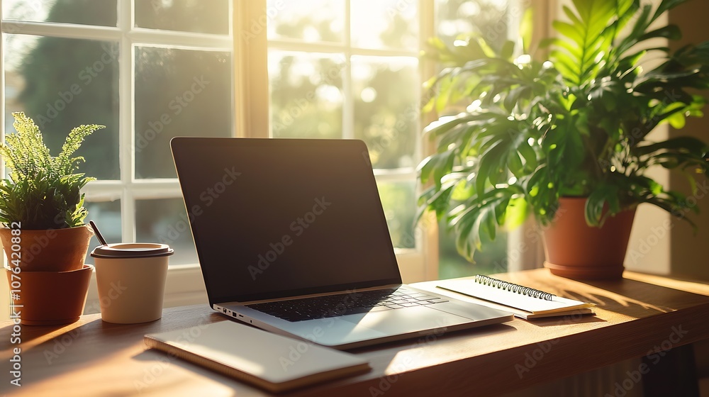 Poster modern home office setup with laptop and potted plants by sunlit window for productivity : generativ