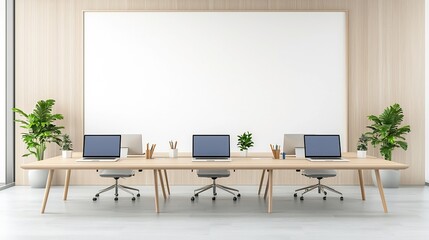 Minimalist and modern office space featuring six laptops neatly placed on a spacious worktable