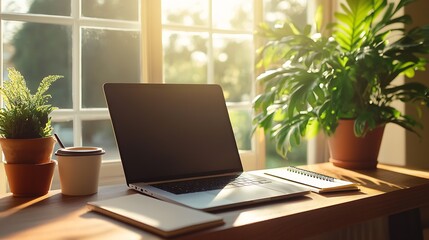 Modern Home Office Setup with Laptop and Potted Plants by Sunlit Window for Productivity : Generative AI